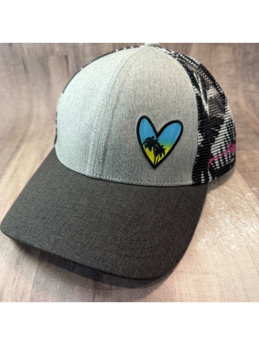 Grace Folly Trucker Hat Beach Heart Tropical Gray Black Mesh Back Snapback Cap
